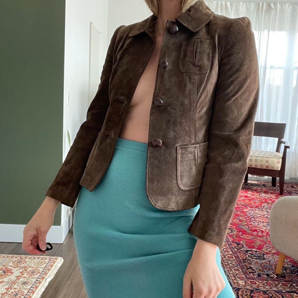 Vintage Brown Suede Leather Jacket Puff Sleeve Crop Patch pockets button front